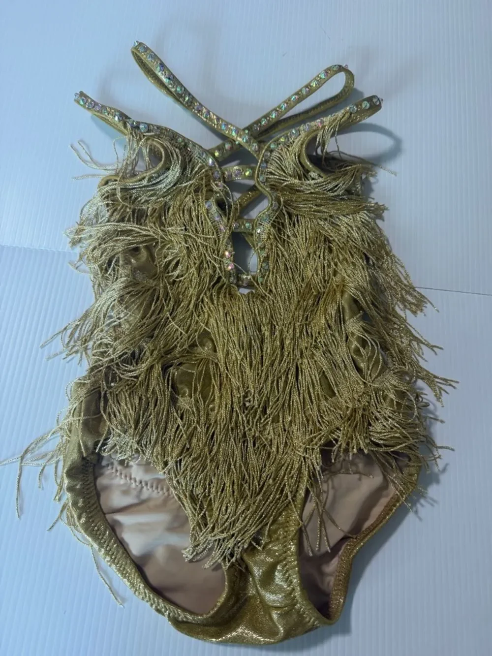 Glamorous flapper fringe solo dance costume gold ballroom MC-Medium child